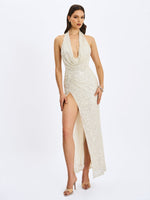 Niamh Golden Beaded Cowl Halter Backless Maxi Dress Miss Circle