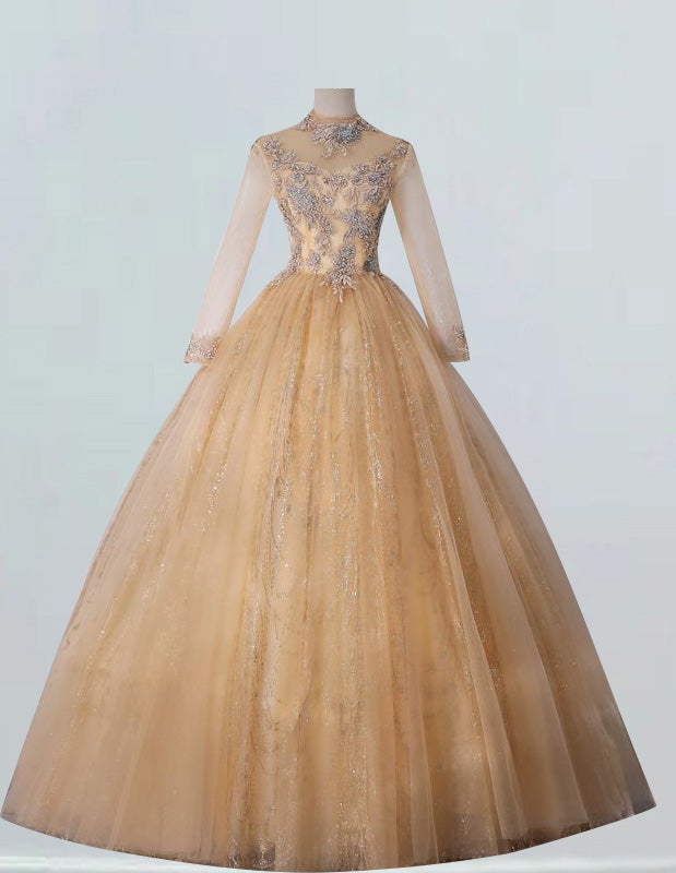 Elegant Gold Tulle Ball Gown with Lace Applique | Boat Neck Evening & Prom Dress