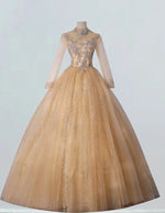 Elegant Gold Tulle Ball Gown with Lace Applique | Boat Neck Evening & Prom Dress