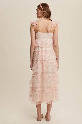 Delicate Floral Embroidered Lace Maxi Dress: Mute Pink