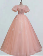 Pink Tulle Ball Gown Prom Dress | Puff Sleeves Beaded Scoop Bodice | Elegant Evening Wear