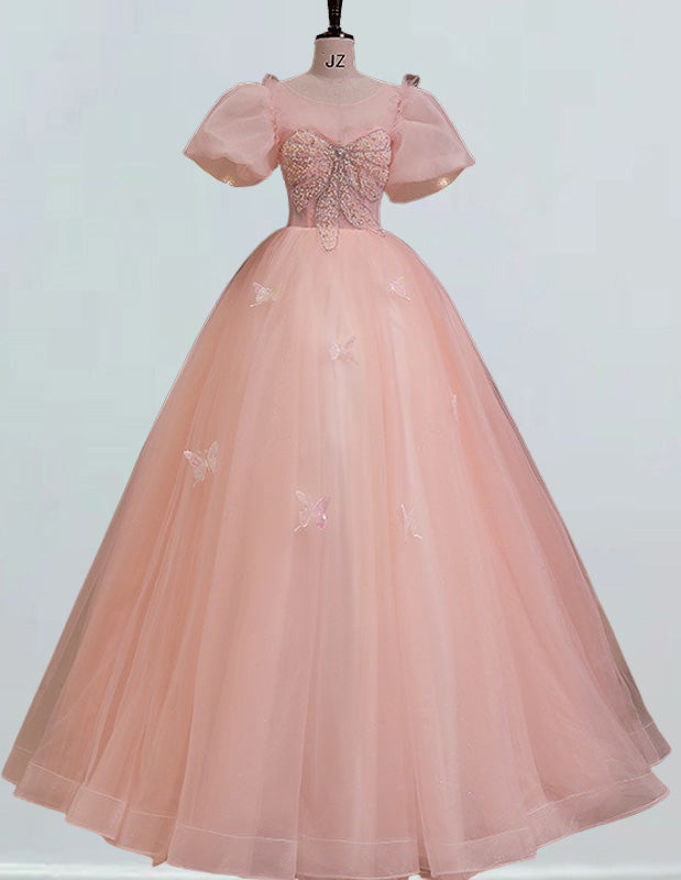 Pink Tulle Ball Gown Prom Dress | Puff Sleeves Beaded Scoop Bodice | Elegant Evening Wear