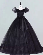 Black sweetheart cap sleeve long tulle prom dress ball gown