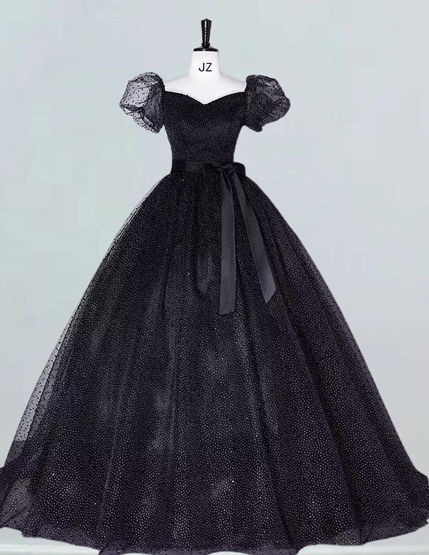 Black sweetheart cap sleeve long tulle prom dress ball gown