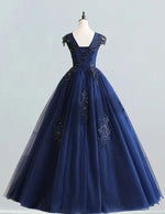 Navy blue scoop lace applique beading long tulle ball gown bridal party gown