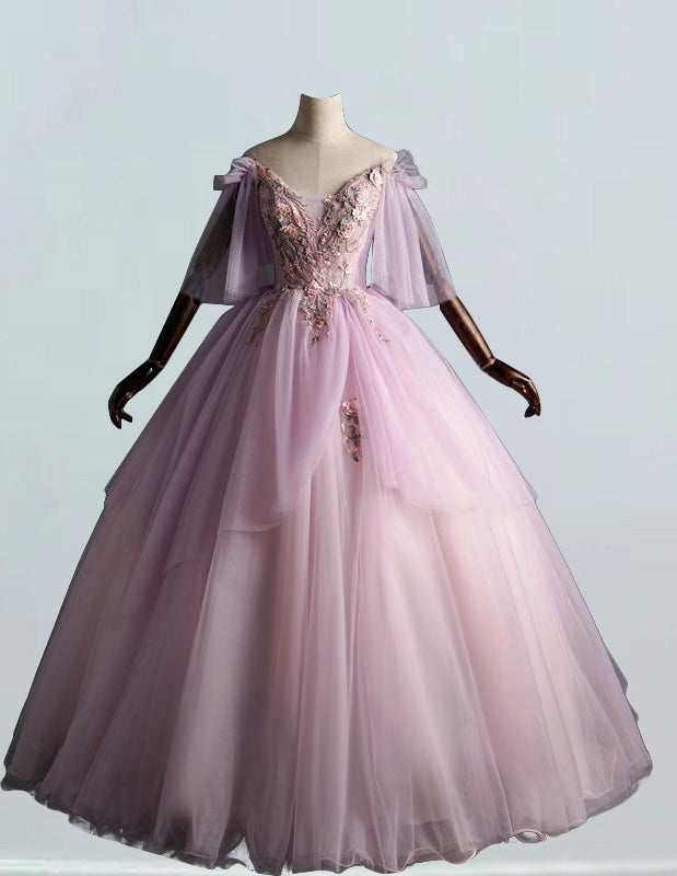 Pink v neck lace applique layer tulle ball gown prom dress short sleeve long tulle evening party gown
