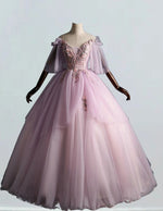 Pink v neck lace applique layer tulle ball gown prom dress short sleeve long tulle evening party gown