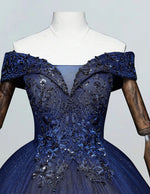 Navy Off-Shoulder Beaded Lace Ball Gown | Elegant Prom & Evening Dress