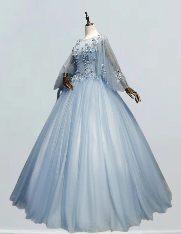 Women's Grayish Blue Lace Applique Tulle Ball Gown | Scoop Neck Prom & Evening Dress