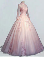 Pink collar long sleeve tulle party dress ball gown lace applique prom dress