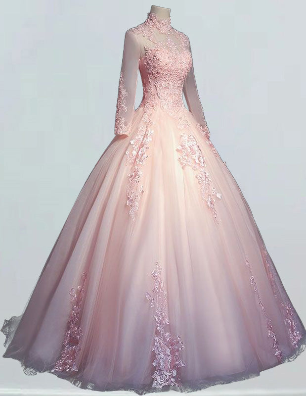 Pink collar long sleeve tulle party dress ball gown lace applique prom dress