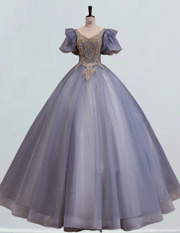 Blue scoop gold lace beaded long short sleeve ball gown prom dress