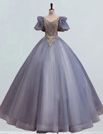 Blue scoop gold lace beaded long short sleeve ball gown prom dress