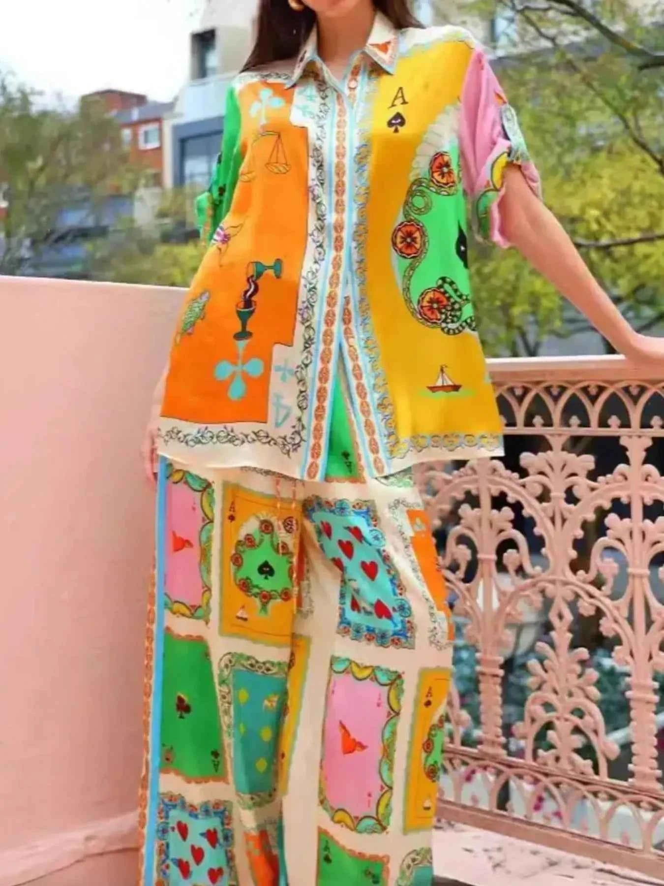 Colorful Print Shirt and Pants Two-Piece Set