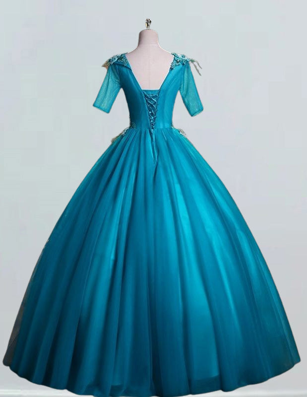 Peacock Blue V-Neck Tulle Prom Dress | Lace Applique Elegant Evening Gown