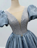 Women's Grayish Blue Sequin V-Neck Prom Gown, Puff Sleeves, Elegant Evening Dress