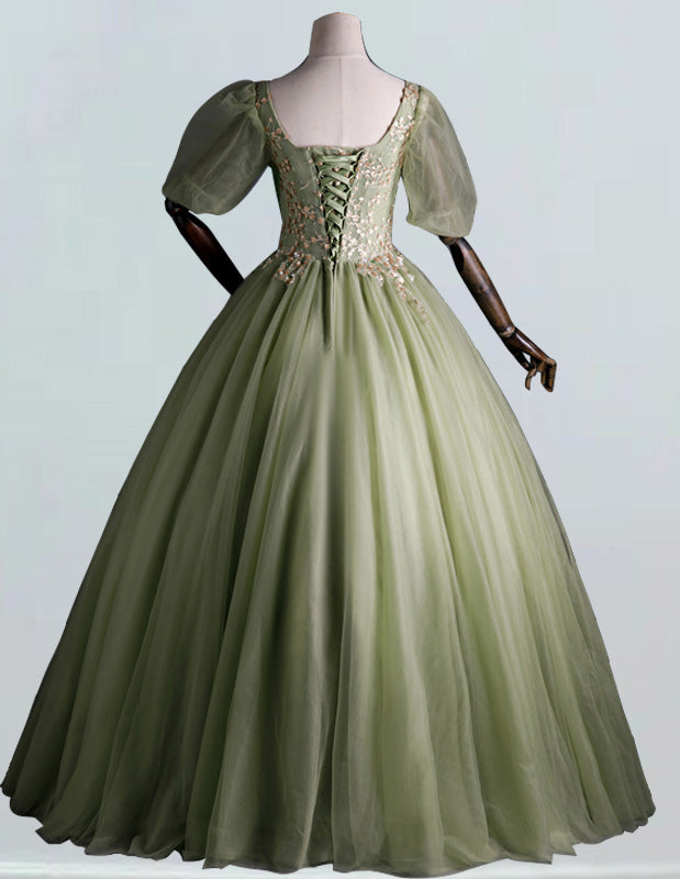 Sage Green Square Collar Tulle Prom Dress | Lace Appliqué Evening Gown