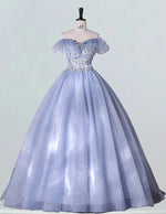 Grayish blue off the shoulder lace applique sparkle long tulle ball gown