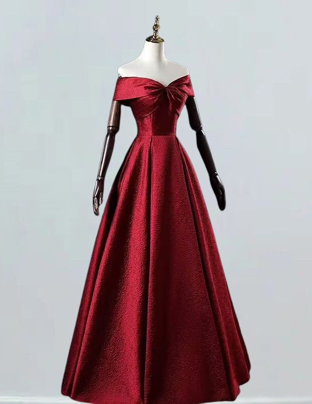 Burgundy Satin Off-Shoulder Prom Dress | Women's Evening Ball Gown