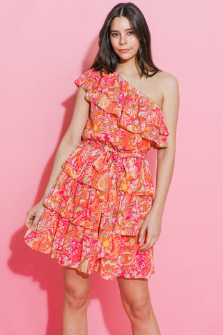 SUNFLOWER FIELDS ONE SHOULDER MINI DRESS - By Baano