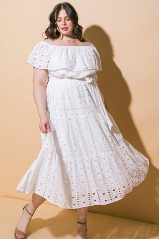 CATCHING MY BREATH EYELET MIDI DRESS - By Baano
