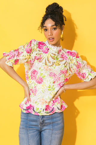 BLISS ME FLORAL WOVEN LACE TOP - By Baano