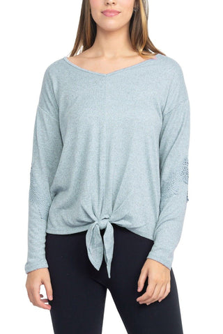 Tint + Shadow Boat Neck Long Sleeve Tie Front Hem Solid Knit Top - Glamourous Grace