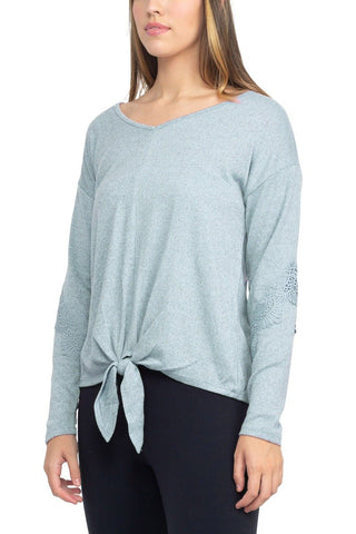 Tint + Shadow Boat Neck Long Sleeve Tie Front Hem Solid Knit Top - Glamourous Grace