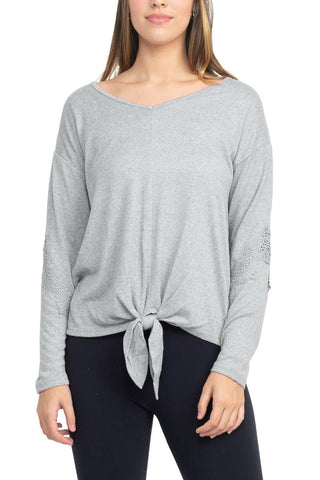 Tint + Shadow Boat Neck Long Sleeve Tie Front Hem Solid Knit Top - Glamourous Grace