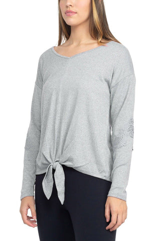 Tint + Shadow Boat Neck Long Sleeve Tie Front Hem Solid Knit Top - Glamourous Grace