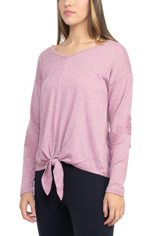 Tint + Shadow Boat Neck Long Sleeve Tie Front Hem Solid Knit Top - Glamourous Grace