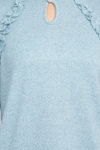 Tint + Shadow 3/4 Sleeve Crew Neck With Rhinestone Button Keyhole & Front Ruffle Detail Knit Top - By Baano