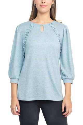 Tint + Shadow 3/4 Sleeve Crew Neck With Rhinestone Button Keyhole & Front Ruffle Detail Knit Top - By Baano