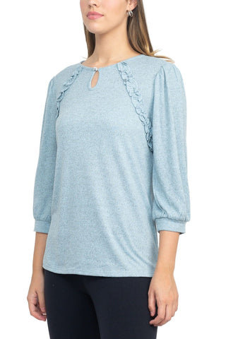 Tint + Shadow 3/4 Sleeve Crew Neck With Rhinestone Button Keyhole & Front Ruffle Detail Knit Top - By Baano
