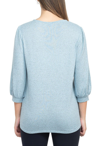Tint + Shadow 3/4 Sleeve Crew Neck With Rhinestone Button Keyhole & Front Ruffle Detail Knit Top - By Baano