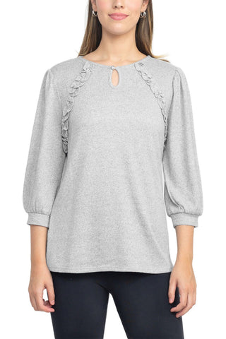 Tint + Shadow 3/4 Sleeve Crew Neck With Rhinestone Button Keyhole & Front Ruffle Detail Knit Top - By Baano