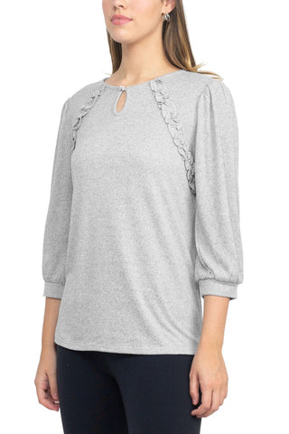 Tint + Shadow 3/4 Sleeve Crew Neck With Rhinestone Button Keyhole & Front Ruffle Detail Knit Top - By Baano