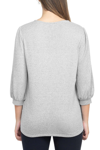 Tint + Shadow 3/4 Sleeve Crew Neck With Rhinestone Button Keyhole & Front Ruffle Detail Knit Top - By Baano