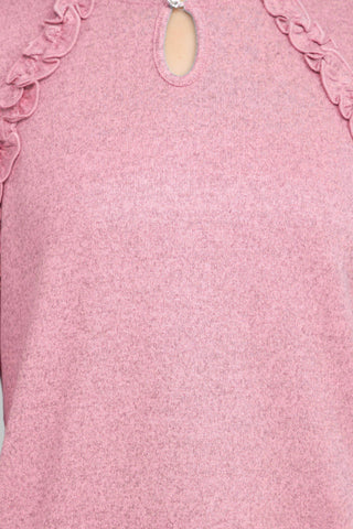 Tint + Shadow 3/4 Sleeve Crew Neck With Rhinestone Button Keyhole & Front Ruffle Detail Knit Top - By Baano