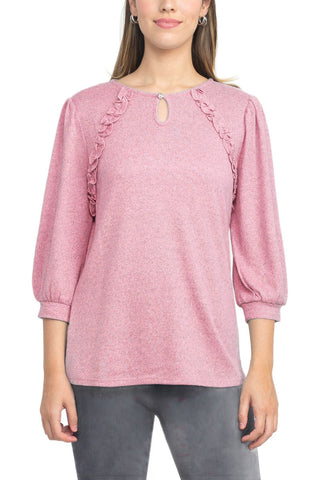 Tint + Shadow 3/4 Sleeve Crew Neck With Rhinestone Button Keyhole & Front Ruffle Detail Knit Top - By Baano