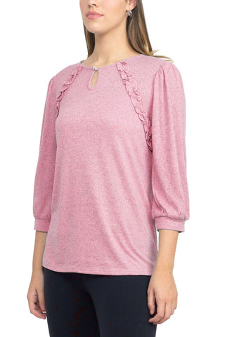 Tint + Shadow 3/4 Sleeve Crew Neck With Rhinestone Button Keyhole & Front Ruffle Detail Knit Top - By Baano