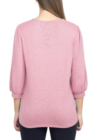 Tint + Shadow 3/4 Sleeve Crew Neck With Rhinestone Button Keyhole & Front Ruffle Detail Knit Top - By Baano