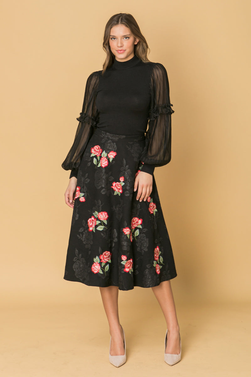 ROSE EMBROIDERY MIDI SKIRT - By Baano