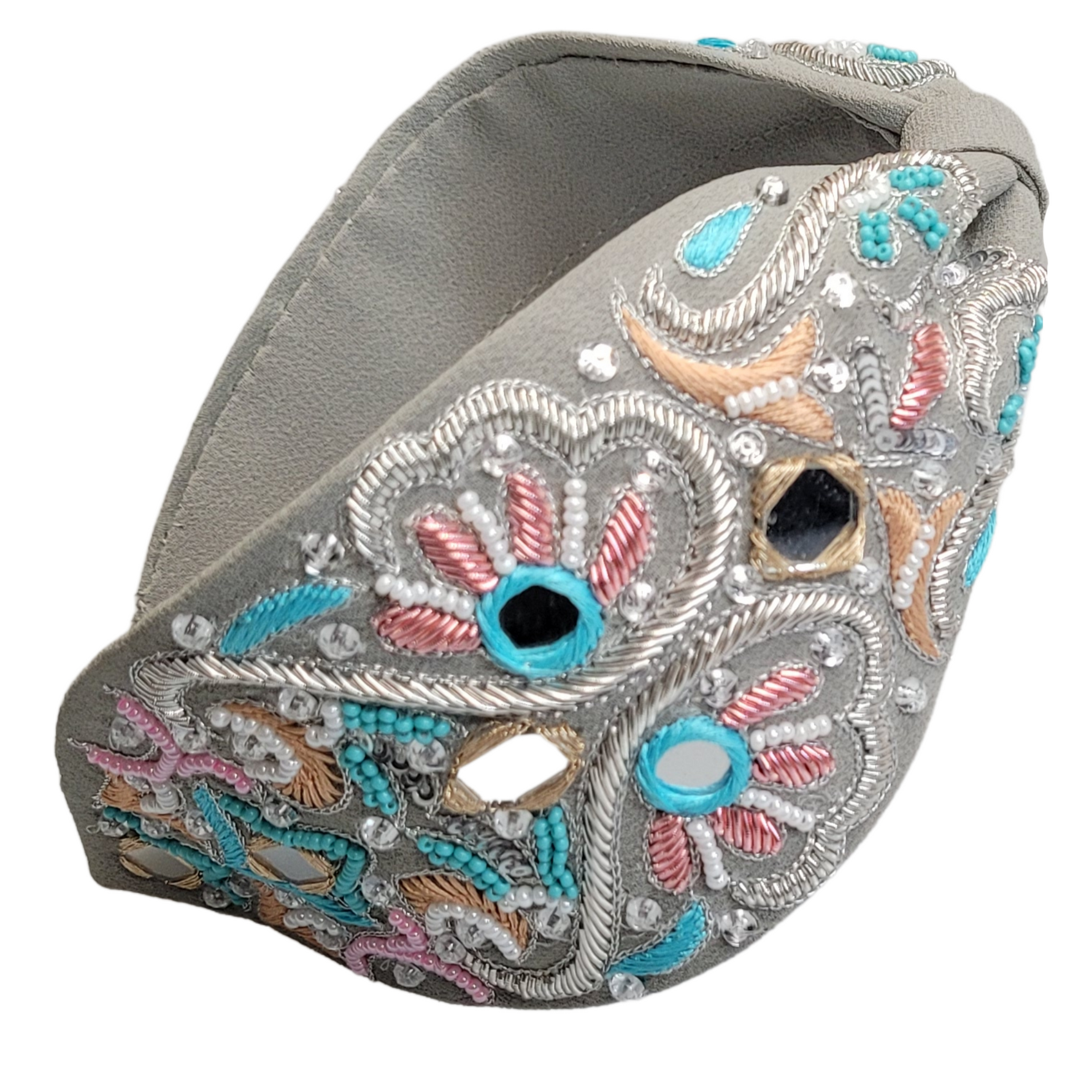 Floriated and Embroidered Wide Headband (Grey Blossoms)