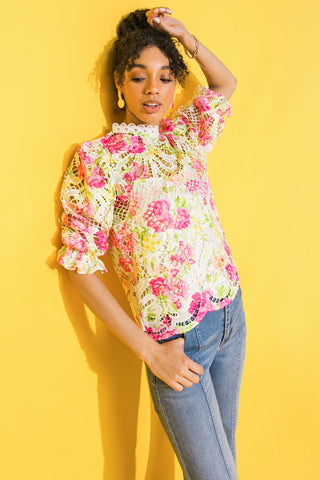 BLISS ME FLORAL WOVEN LACE TOP - By Baano