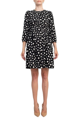 Maggy London Crew Neck Pleated Banded Waist Elastic Cuffed 3/4 Sleeve Multi Print Zipper Back Fit & Flare Crepe Dress - Glamourous Grace