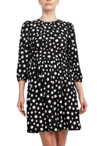 Maggy London Crew Neck Pleated Banded Waist Elastic Cuffed 3/4 Sleeve Multi Print Zipper Back Fit & Flare Crepe Dress - Glamourous Grace