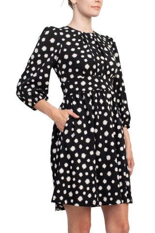 Maggy London Crew Neck Pleated Banded Waist Elastic Cuffed 3/4 Sleeve Multi Print Zipper Back Fit & Flare Crepe Dress - Glamourous Grace