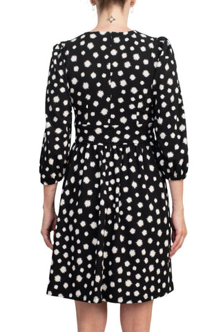 Maggy London Crew Neck Pleated Banded Waist Elastic Cuffed 3/4 Sleeve Multi Print Zipper Back Fit & Flare Crepe Dress - Glamourous Grace