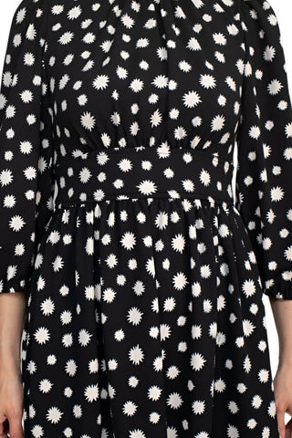 Maggy London Crew Neck Pleated Banded Waist Elastic Cuffed 3/4 Sleeve Multi Print Zipper Back Fit & Flare Crepe Dress - Glamourous Grace